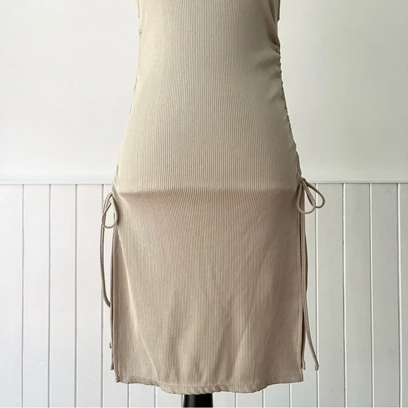 Zara Tan Ribbed Knit Ruched Drawstring Bodycon Dress Size S - Picture 3 of 15